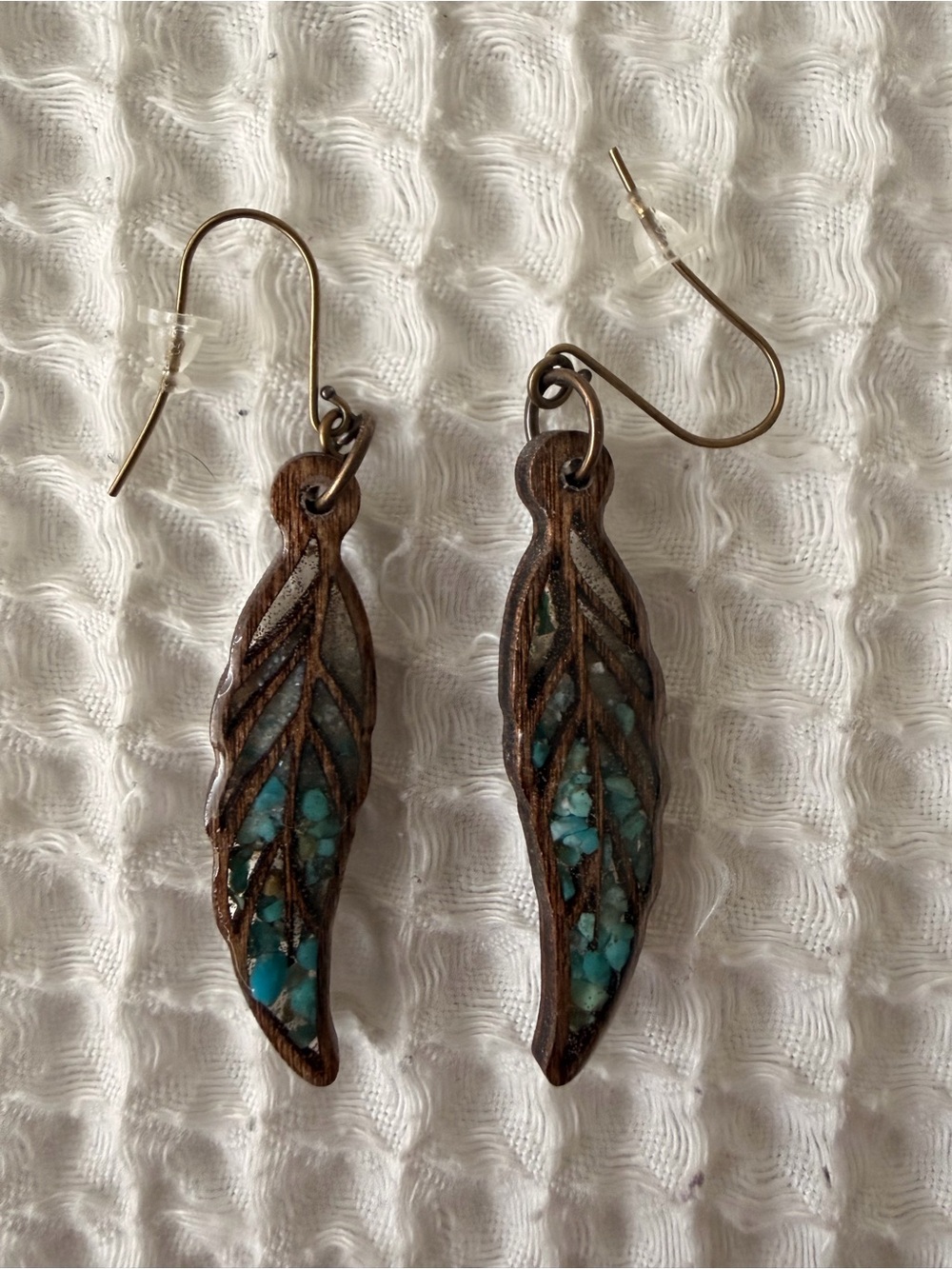 Wooden Feather Drop Earrings with Turquoise Inlay - Brown